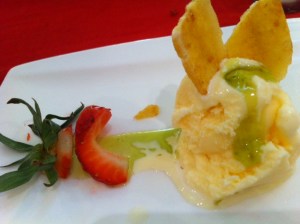 homemade vanilla ice cream with kiwi sauce