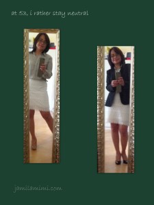 loving the white lace skirt, paired with shades of blue silk top