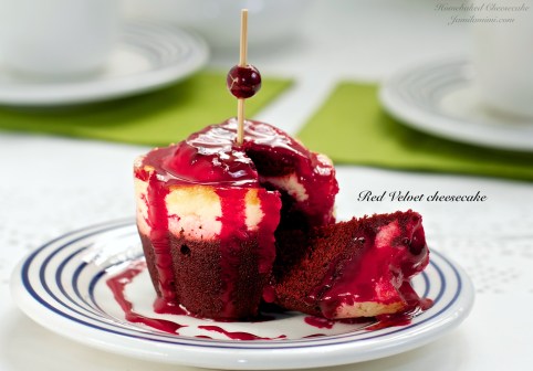Red Velvet Cheesecake with red condensed milk on top